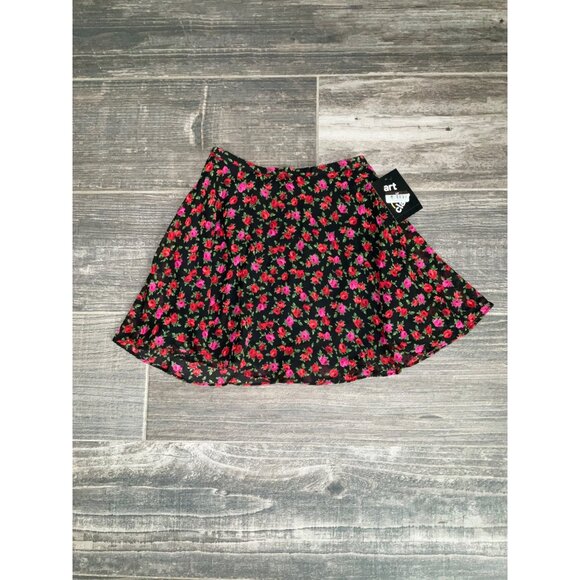 Art Class Chiffon Mini Skirt - Black Floral Pink/Red Roses size S 6-7 - Picture 2 of 4